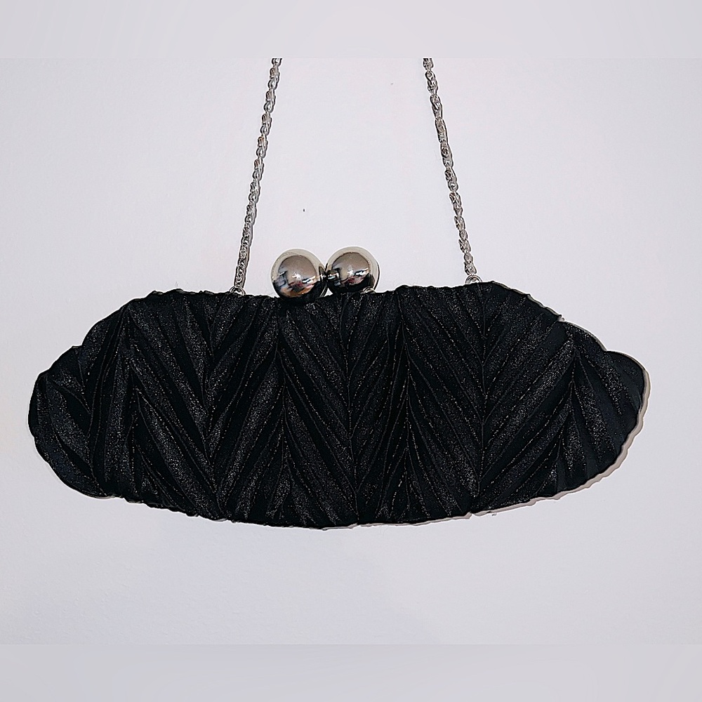 Black Pleated Satin Evening Clutch Handbag / Purse With Chain Strap NWOT